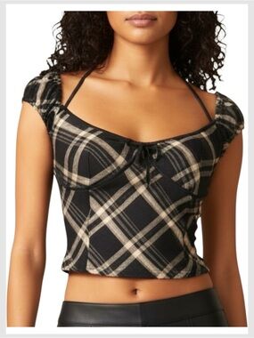 I.AM.GIA Black and Cream Plaid Crop Top